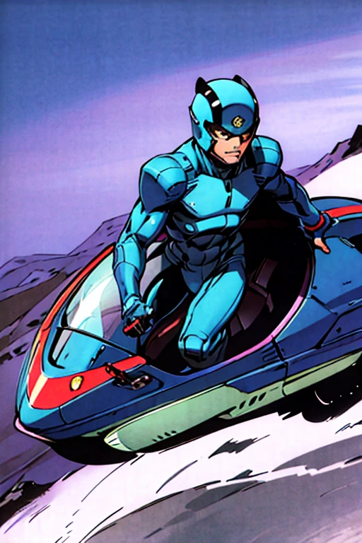 blue bodysuit, cape, helmet, dark visor, driving inside hovercraft, man, smirk