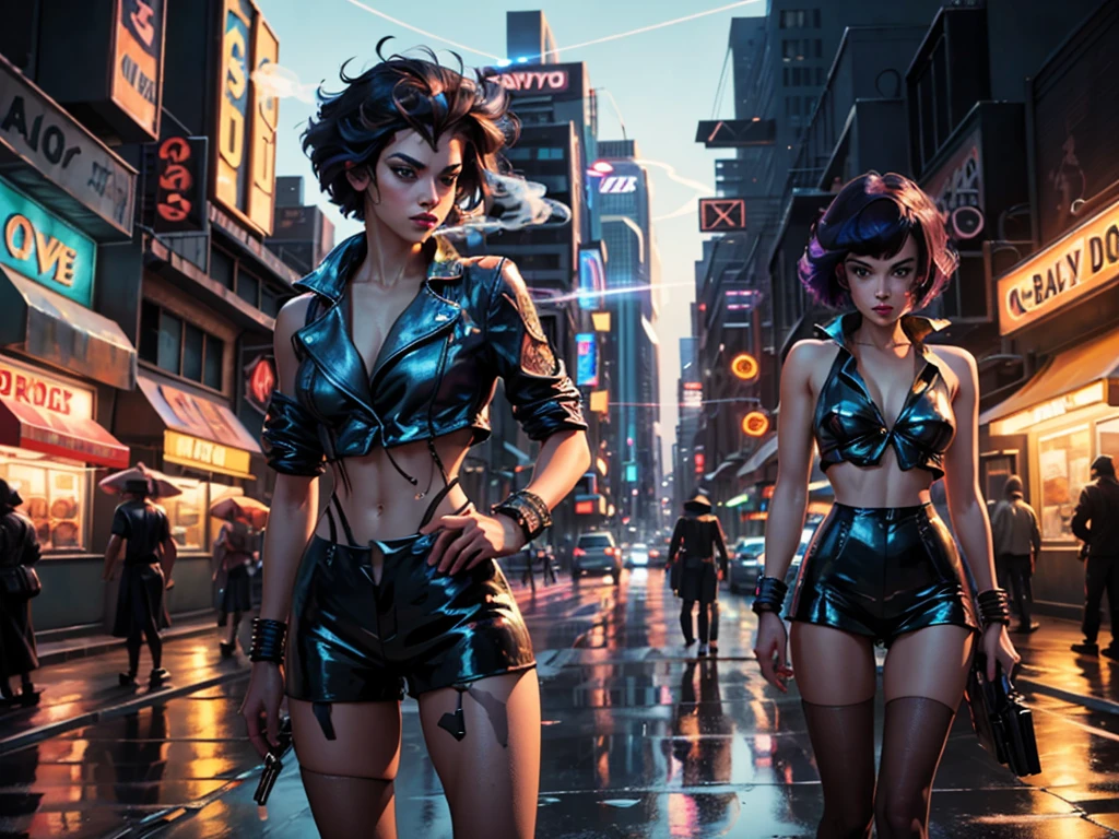 cowboy bebop, a cowboy walking in a neon-lit city at sunset, detailed costume design, detailed facial features and expressions, vibrant colors, cinematic atmosphere, jazz music, high-res digital art, cyberpunk style, futuristic cityscape, lens flare, gritty textures, urban decay, dynamic action poses, smoke and steam effects, intense shadows, retro-futuristic technology, bounty hunter, stylish and cool visuals, dynamic lighting, rain-soaked streets, billowing trench coat, handguns, smoke-filled jazz bars, expressive and detailed eyes, bustling street markets, holographic advertisements, spaceship docks, iconic spaceship "Swordfish", expressive hand gestures, backlit shots, city skyline, galaxy backdrop, cool cigarette smoke, rooftop chases, dramatic angles, film noir influences, fast-paced motorcycle rides, sleek visuals, stylish combat sequences