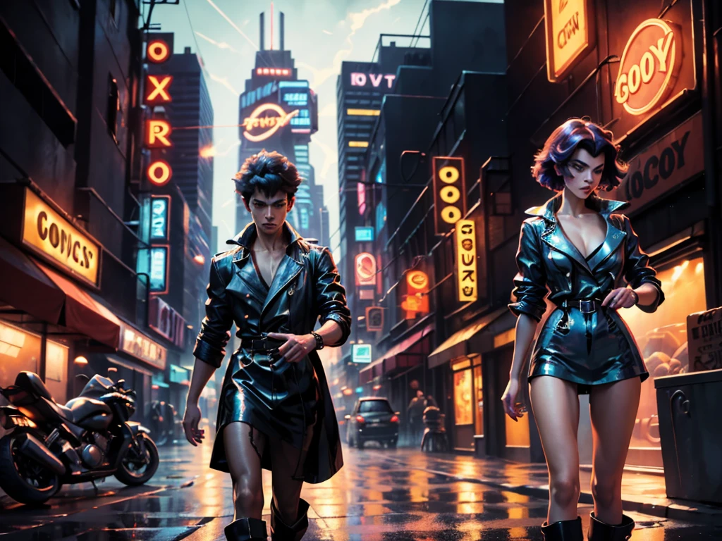 cowboy bebop, a cowboy walking in a neon-lit city at sunset, detailed costume design, detailed facial features and expressions, vibrant colors, cinematic atmosphere, jazz music, high-res digital art, cyberpunk style, futuristic cityscape, lens flare, gritty textures, urban decay, dynamic action poses, smoke and steam effects, intense shadows, retro-futuristic technology, bounty hunter, stylish and cool visuals, dynamic lighting, rain-soaked streets, billowing trench coat, handguns, smoke-filled jazz bars, expressive and detailed eyes, bustling street markets, holographic advertisements, spaceship docks, iconic spaceship "Swordfish", expressive hand gestures, backlit shots, city skyline, galaxy backdrop, cool cigarette smoke, rooftop chases, dramatic angles, film noir influences, fast-paced motorcycle rides, sleek visuals, stylish combat sequences