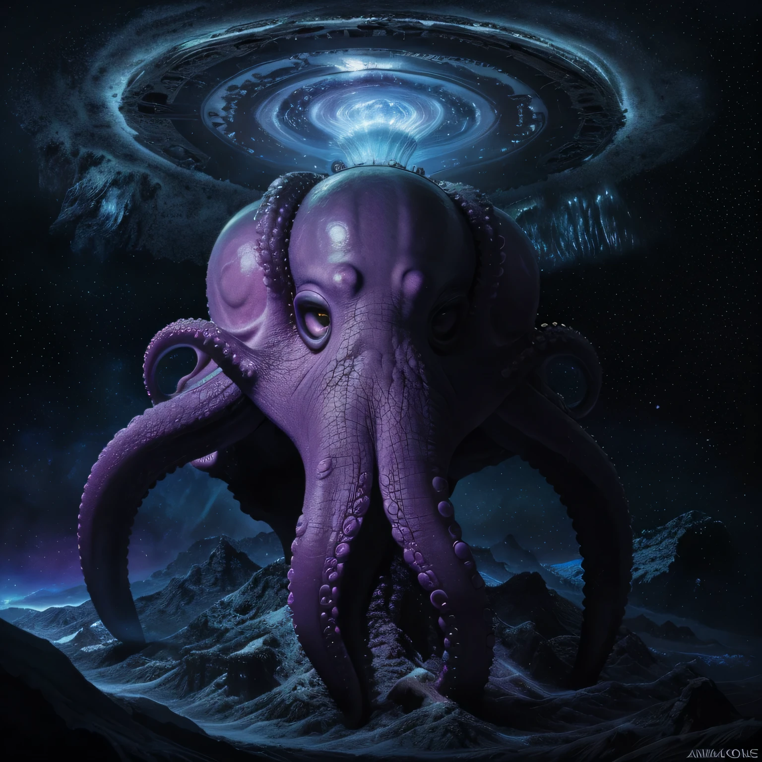 Cosmic majestic octopus realist, masterpiece, 8k, cosmic void, terror, genesis, apocalypse, armagedon, full art, magical, dark fantasy