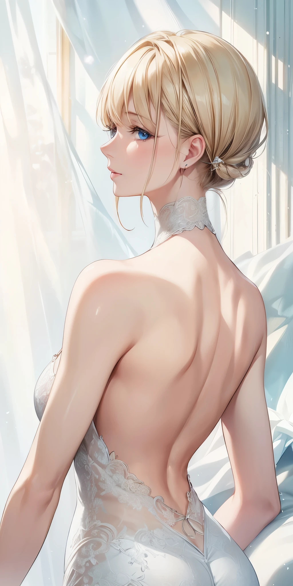 portrait, realistic, elegant mature woman, blue eyes, blonde hair, big breast, 4k resolution, beautiful cg, soft light
