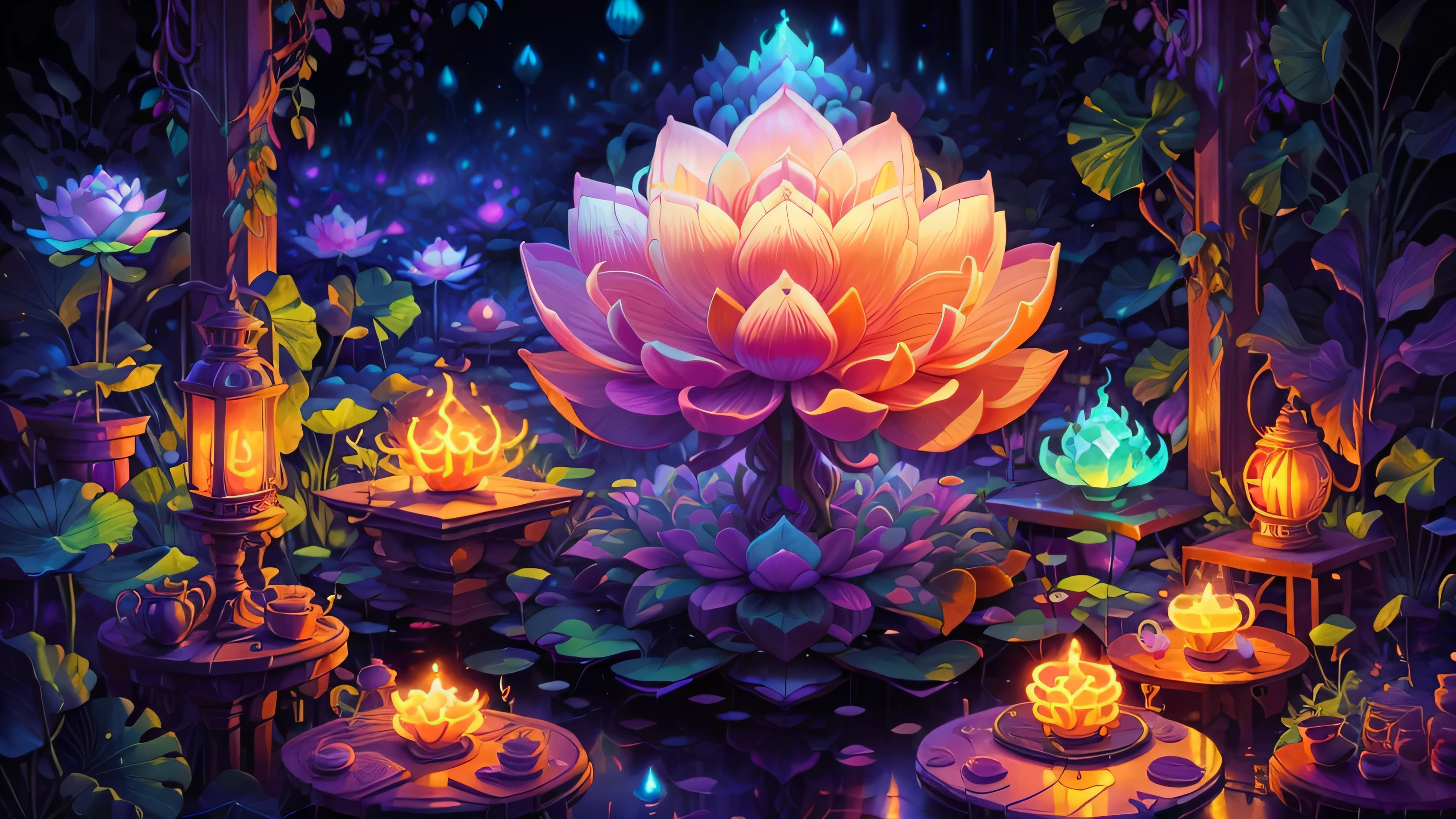 There is a lotus flower glowing in the dark, a glowing flower, a glowing flower, a Buddha sitting on a lotus flower, a magical colorful flower, a surreal flower of a waiko, a glowing neon flower, a glowing delicate flower 