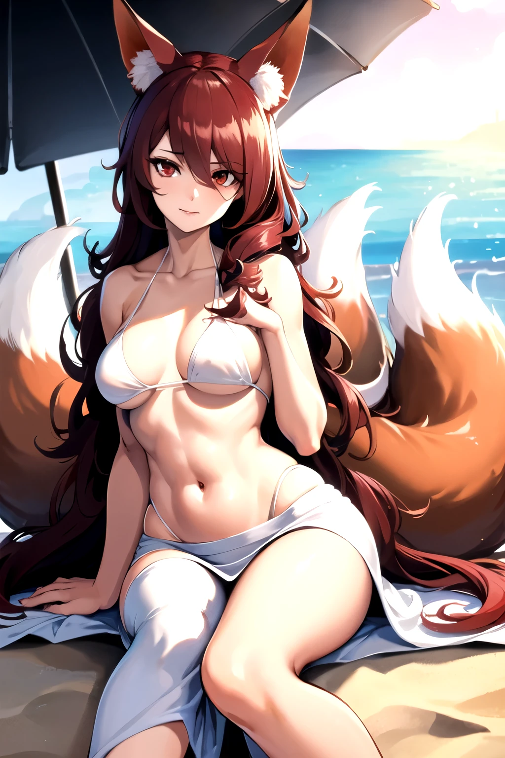 mitsuru kirijo (persona 3 reload), shy look, ((best quality)), ((masterpiece)), (detailed), HDR, ((long hair)), red hair, perfect face, 1 girl, (alone), muscly arms, ((lewd look)), built, beach background, (white slingshot bikini:1.2), red eyes, white transparent cloth beach skirt, ((tall fox ears)), ear fluff, laying down, beach mat, ((red fox tail)),
