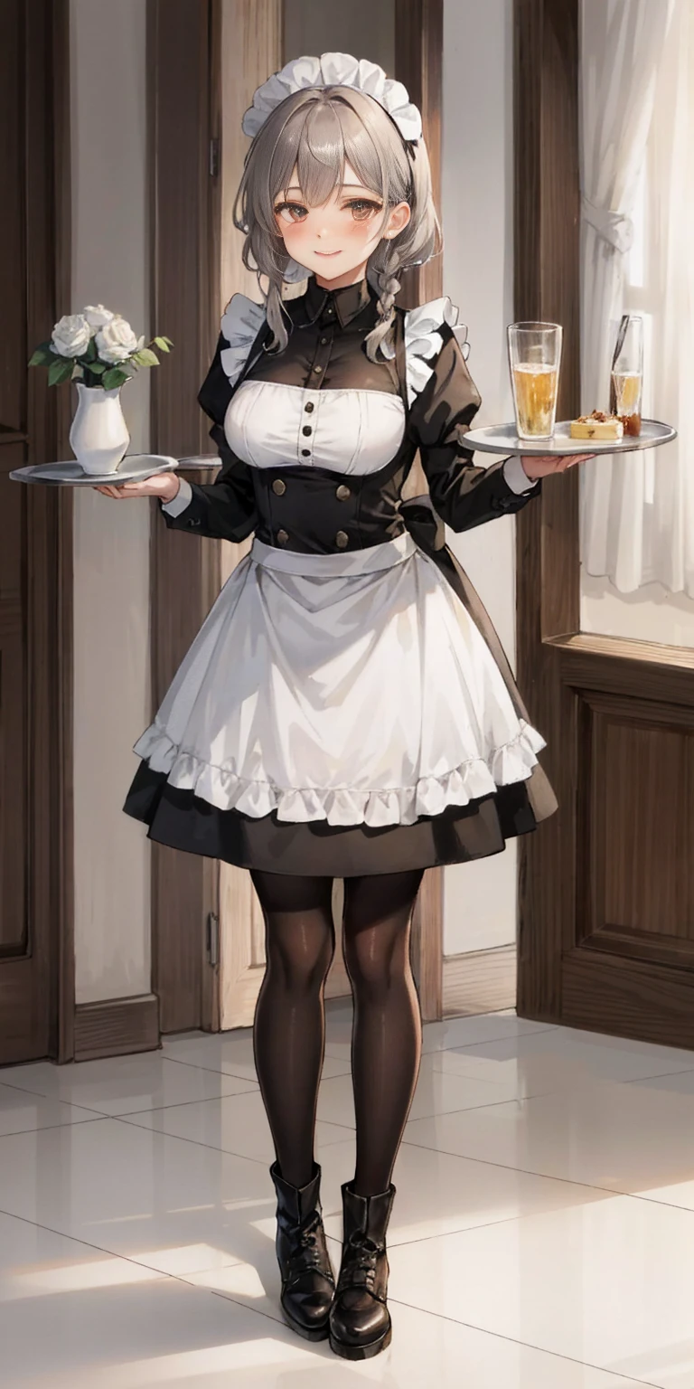 masterpiece full body standing straight symmetrical, lustful smirking smile face red blush red cheeks, looking at viewer, holding a tray, braid, maid headdress, maid, dress, apron, long sleeves, brown pantyhose, long leather military boots, thighs, long white hair