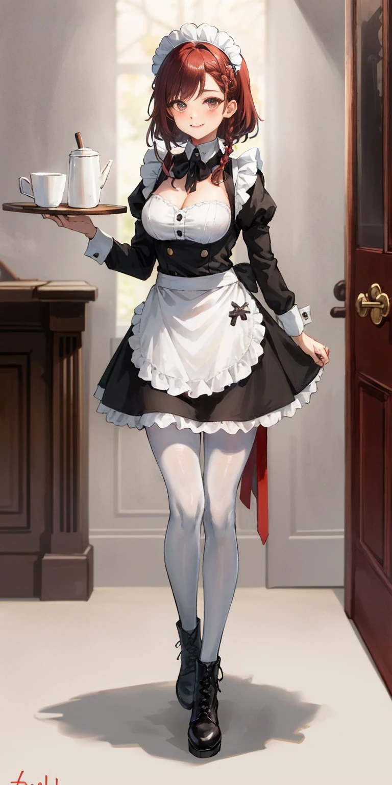 masterpiece full body standing straight symmetrical, lustful smirking smile face red blush red cheeks, looking at viewer, holding a tray, braid, maid headdress, maid, dress, apron, long sleeves, brown pantyhose, long leather military boots, thighs, long white hair