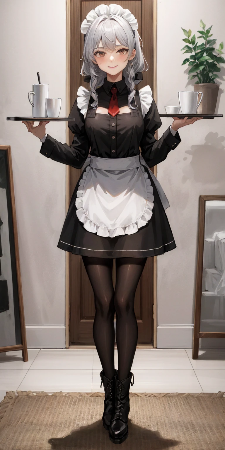 SFW, SLAVE FEMALE, Maid for sale. An African (very black skin) domestic worker for text "US dollar" full body, barefoot, standing straight symmetrical, huge boob(masterpiece, best quality:1.2), smirking smile, red blush, wet body, looking at viewer, hands on hips, twintails, twin drills, dress, blue pantyhose, striped pantyhose, Handcuffs on their hands, With a collar around the neck, slave catgirl ((black choker, shackles on legs and armedroom background (bed, pillow, sheet))
