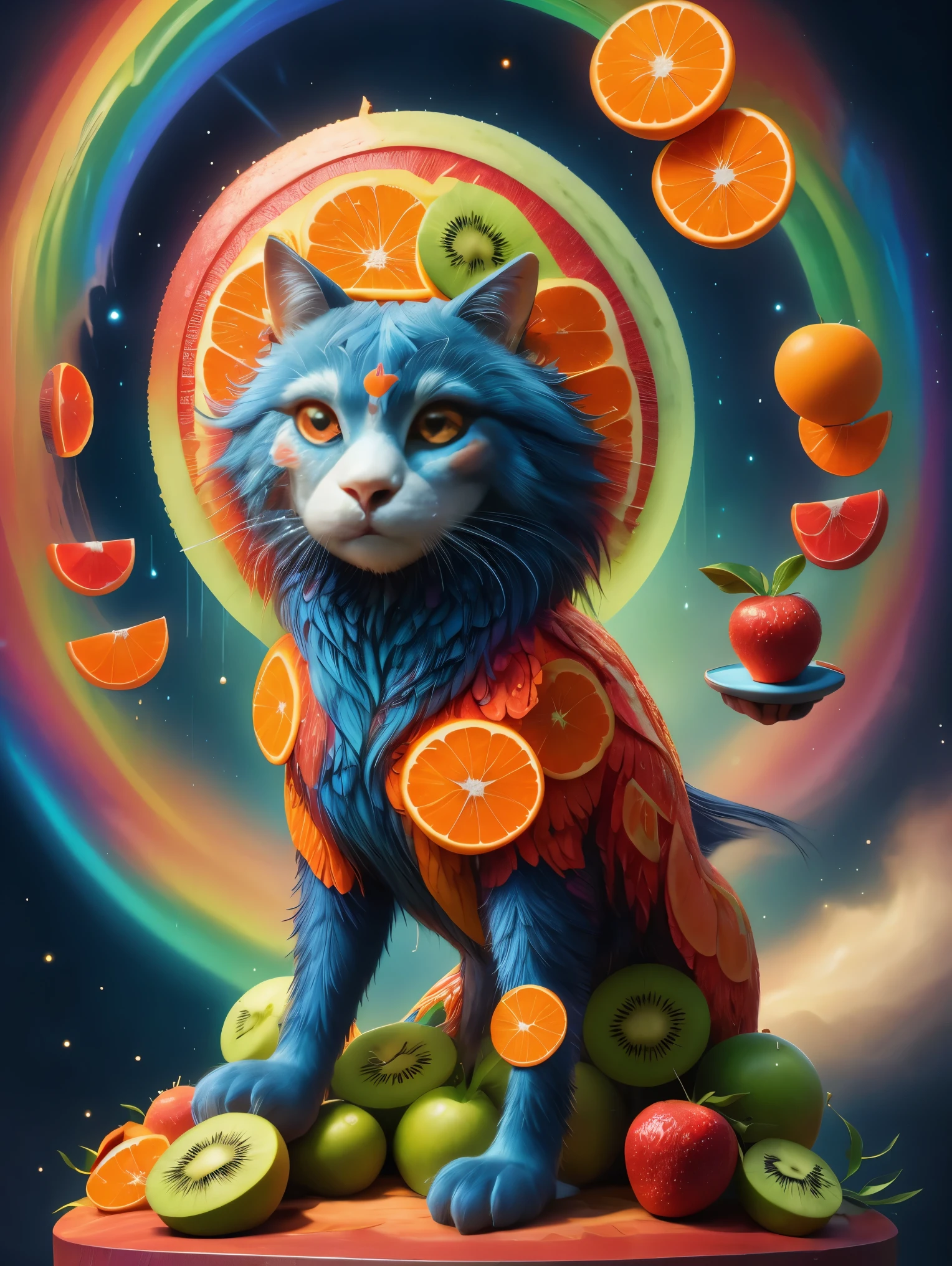 1 girl, alone, Imaginative depiction, Girl standing straight in casual pose, Body made of orange, watermelon, kiwi, Strawberries and other brightly colored fruit slices, A rainbow-like mosaic effect, The face is rich in detail，expressive, Elegantly presented orange peel and blueberry eye shape, (master level:1.2), Super details, actual, (photorealism:1.3), First-person perspective, ultra high definition, masterpiece, precise, (anatomically correct1.5), Super details, best quality, 8K, 1sgr1