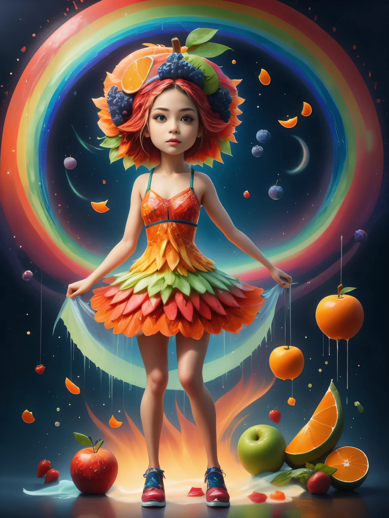 1 girl, alone, Imaginative depiction, Girl standing straight in casual pose, Body made of orange, watermelon, kiwi, Strawberries and other brightly colored fruit slices, A rainbow-like mosaic effect, The face is rich in detail，expressive, Elegantly presented orange peel and blueberry eye shape, (master level:1.2), Super details, actual, (photorealism:1.3), First-person perspective, ultra high definition, masterpiece, precise, (anatomically correct1.5), Super details, best quality, 8K, 1sgr1