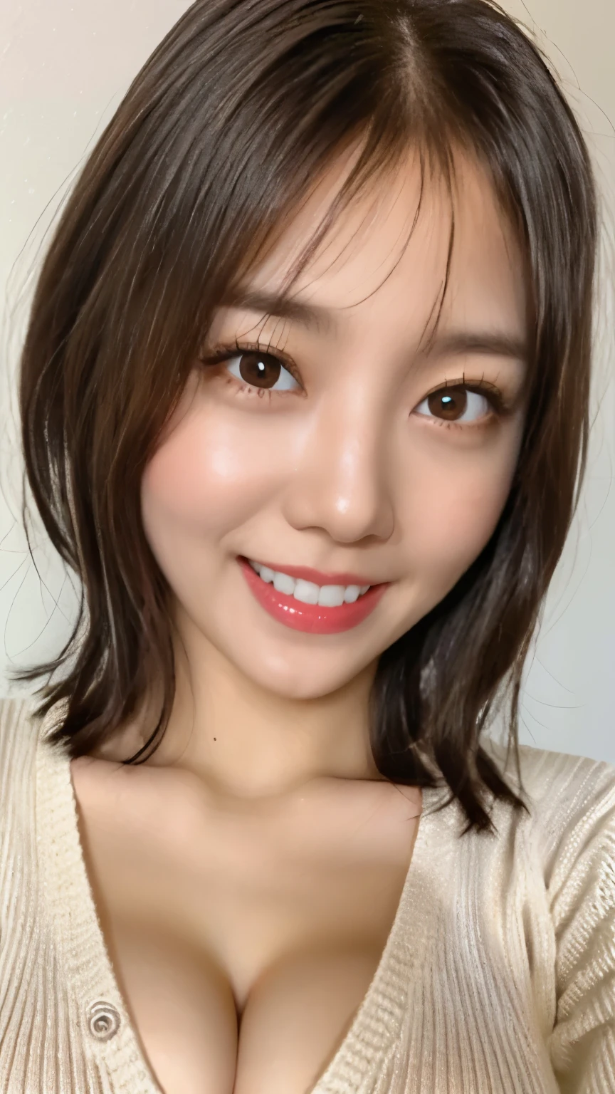 1 female,short bob hair,blonde,looking at the viewer,There&#39;s light in your eyes,A big smile,summer knit、cleavage,front view,to close range,cleavage emphasis,,sexy,