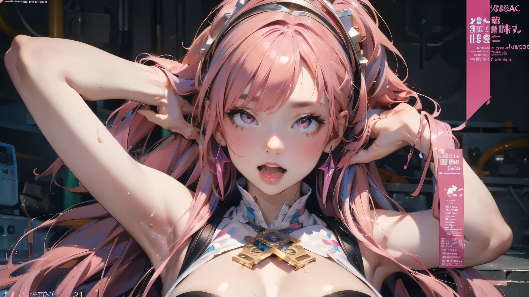 masterpiece:1.2, best quality), (magazine cover), (colorful Magazine cover with lots of text), brilliant colorful paintings, Comic cover style, (best quality, highres:1.2), 1girl, beautiful detailed eyes, (((pink hair))), beautiful detailed lips, extremely detailed eyes and face, long eyelashes, vivid colors, HDR, studio lighting, ultra-fine painting, sharp focus, physically-based rendering, extreme detail description, portraitig breasts, perfect shape, showing armpit, facing viewer, sweaty, gorgeous, arms up, sleeveless corset, magazine cover, (highly detailed:1.2), ahegao, rolling eyes, cross-eyed, open mouth, tongue out, naughty face, (((pink hair))), hair straight, mostly cloudy sky,(((tmasterpiece),(Very detailed CG unity 8K wallpaper),best qualtiy,cinmatic lighting,detailed back ground,beatiful detailed eyes,(Very fine and beautiful),(Beautiful and detailed eye description),ultra - detailed,tmasterpiece,)),facing at camera,A high resolution,ultra - detailed),revealing breast, wet all over body