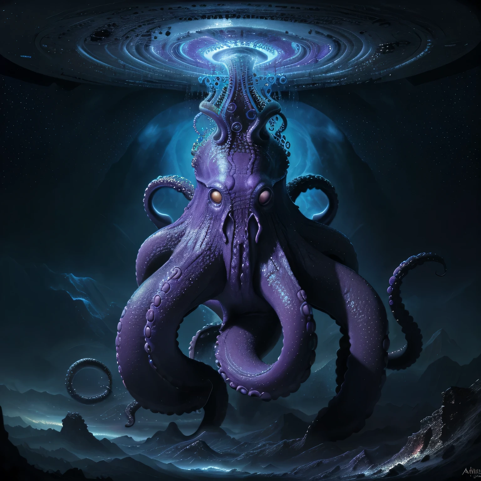 Cosmic majestic octopus realist, masterpiece, 8k, cosmic void, terror, genesis, apocalypse, armagedon, full art, magical, dark fantasy