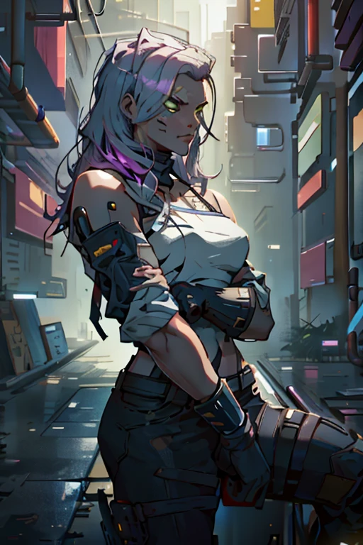 Mulher, 30 anos, estilo cyberpunk, tom de pele caramelo, fine features on the face, amber eyes, sardas no rosto, long lilac hair with fiery highlights, tatuagens brilhantes na pele. Veste armadura de couro leve e botas, wears bracer with blade on forearm. Around his neck is a red silk scarf..