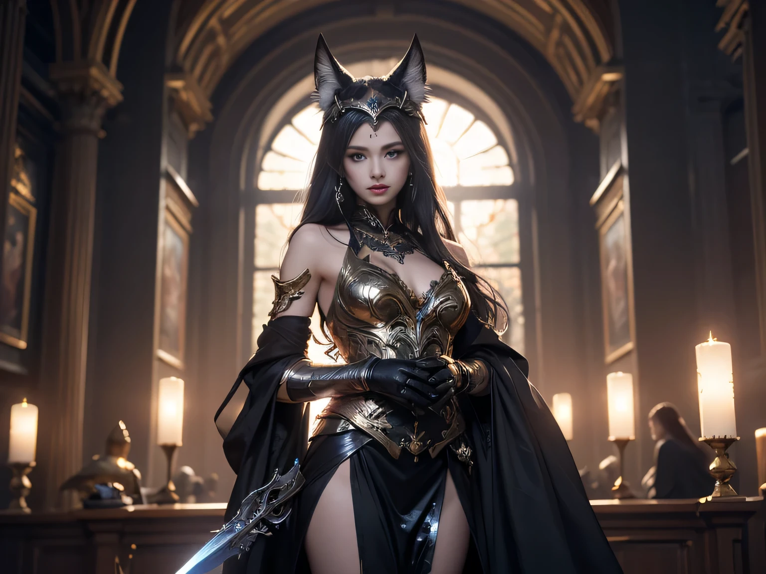 there is a woman in a black dress holding a silver object, blade and soul, 8 k character details, as a mystical valkyrie, lineage 2 revolution style, aion, inspired by Pu Hua, extremely detailed goddess shot, mechanized valkyrie girl, from ncsoft, mystical anubis valkyrie, wearing golden cat armor, <mmorpgs scene