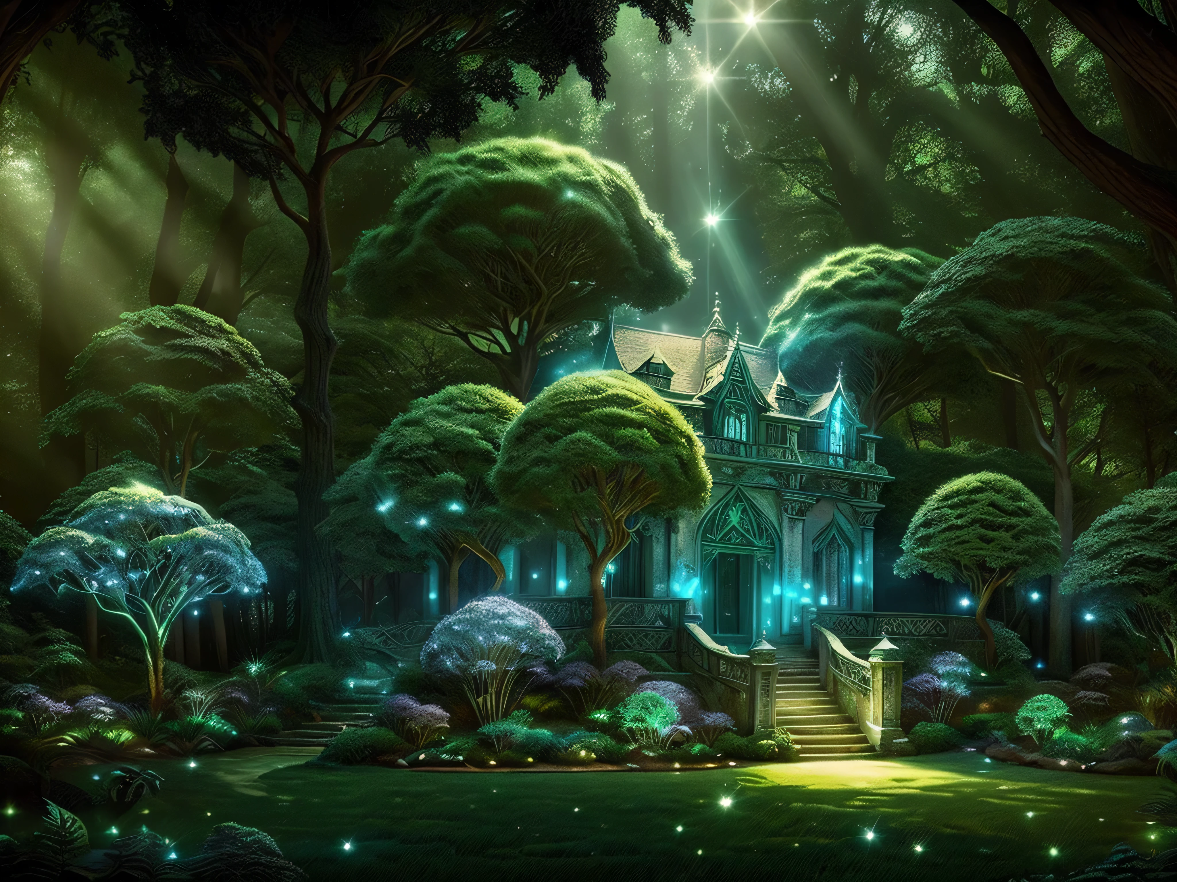 A mansion with medieval architecture with touches of fantasy, some trees in the background, magical crystals in the forest, with lights from the crystals giving green and blue lighting, Lens flare, at night. staircase, statue on site. a magical portal
