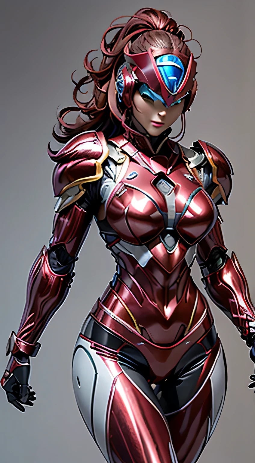 Female Robocop Solo、bright outdoors、strong light source、8K, high quality, masterpiece, 最high quality、very detailed、Armor that completely covers the whole body、very large armor、Helmet covering the head、clear pictures、Eyes hidden by thin straight goggles:1.3、The lower half of the face is raw:1.5、The lower half of the face is exposed、luscious lips、Wine red and white metallic armor、Armor that completely covers the chest、thin and long legs、Vibrant posel body view,big and full breasts:1.5, (sports body:1.5)、five fingers、photos around town