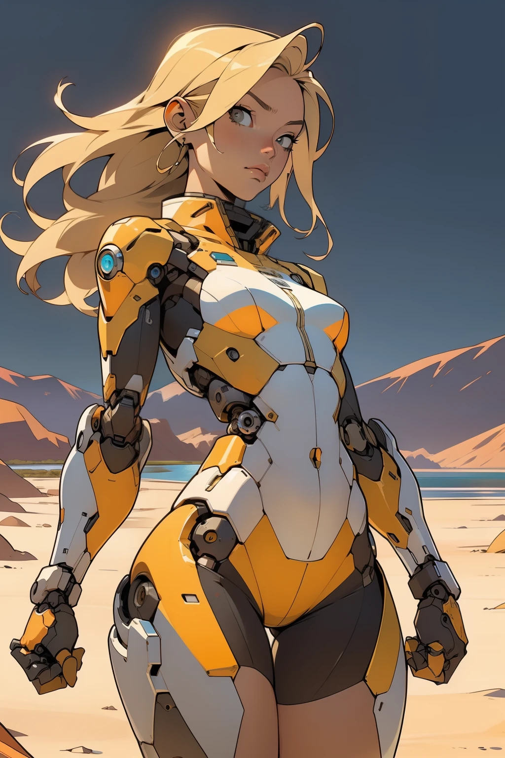 high quality, 4k, masterpiece, beautiful, cyborg girl, cowboy shot, dull eyes, front, looking at viewer, long blonde hair, girl, small breasts, fit thighs, robotic arms, robotic body, cyborg body, white & yellow uniform, orange accent, intricate detail, joint, detailed lines, robotic detail, holding fist up, holding hand up as fist, color robotic parts, robotic parts with color, perfect fingers, on a desert planet, sunny background, colorful desert, a river or a lake in the background, slender thighs, skinny thighs,