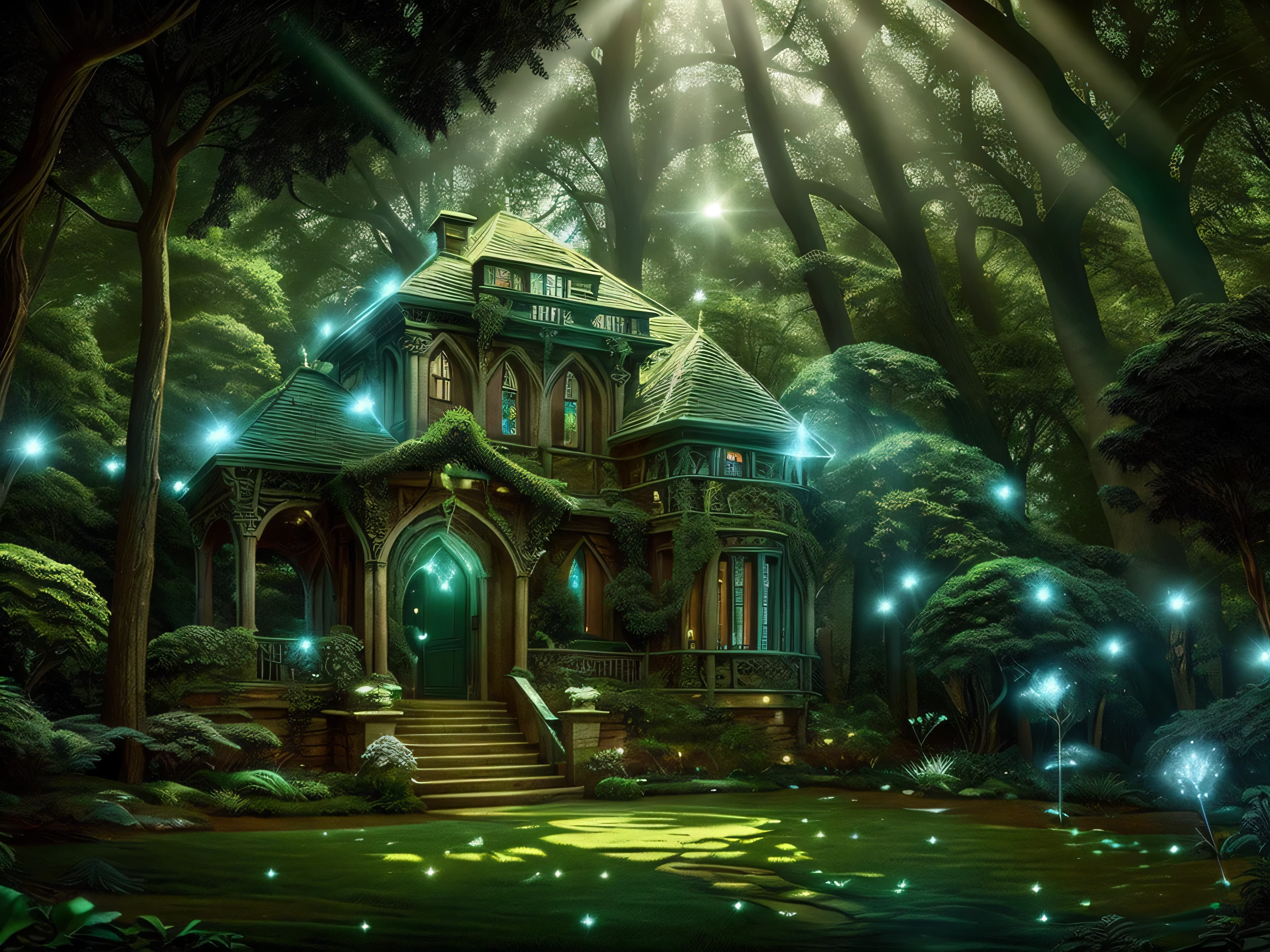 A mansion with medieval architecture with touches of fantasy, some trees in the background, magical crystals in the forest, with lights from the crystals giving green and blue lighting, Lens flare, at night. staircase, statue on site. a magical portal
