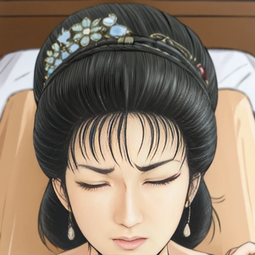 (best quality), (very aesthetic), (ultra-detailed), (best illustration),(a mature female),(perfect face),Suikoden,Mrs. Lin,(((NSFW))),((full_body)),((full_Nude)),(crying),red cheek,sweating,skinny,flushed skin,(Lying face down on the bed),traditional Chinese bedroom,