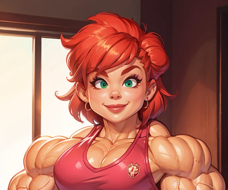 muscle woman with red hair wearing pink tank top, most muscular pose, woman with huge muscles, green eyes, smile
