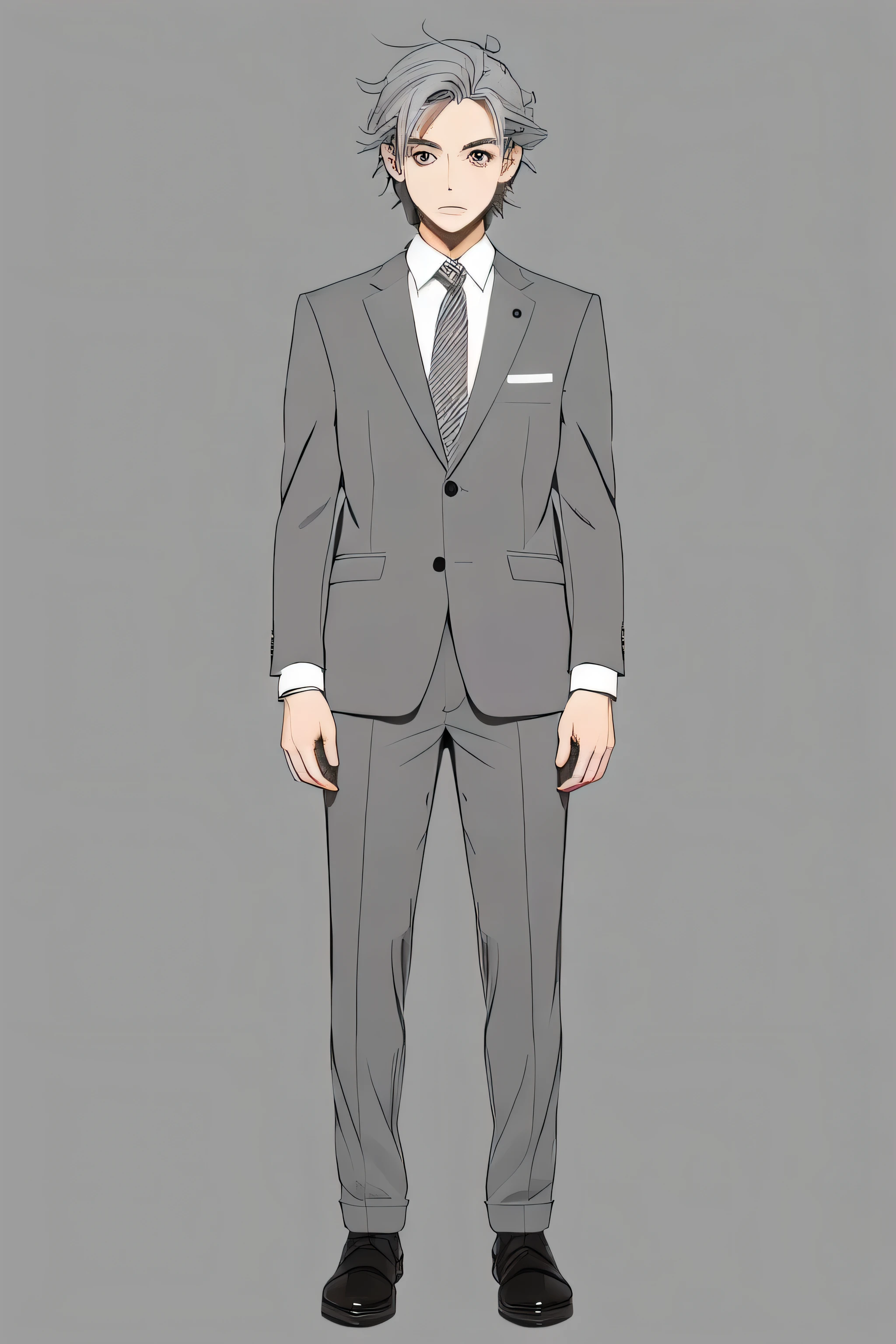 young,handsome man,anime,An illustration,cool,gray hair,whole body,Are standing,big eyes,cute,suit