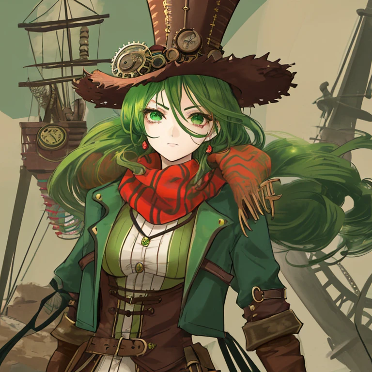 Mujer, pelo verde, steampunk, bufanda roja, inventora, cabello suelto