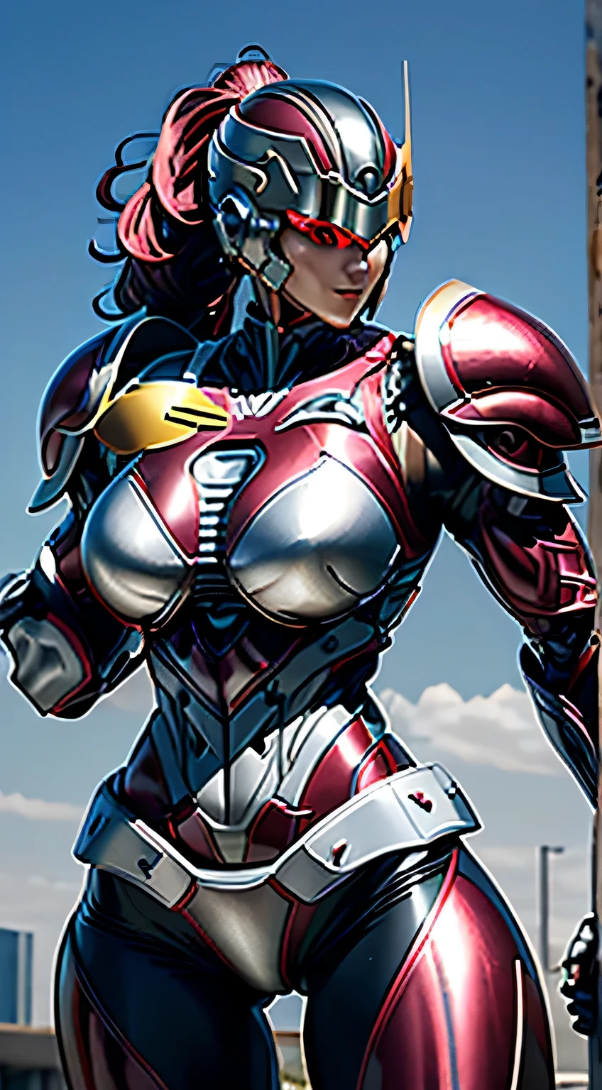 Female Robocop Solo、bright outdoors、strong light source、8K, high quality, masterpiece, 最high quality、very detailed、Armor that completely covers the whole body、very large armor、Helmet covering the head、clear pictures、Eyes hidden by thin straight goggles:1.3、The lower half of the face is raw:1.5、The lower half of the face is exposed、luscious lips、Wine red and white metallic armor、Armor that completely covers the chest、thin and long legs、Vibrant posel body view,big and full breasts:1.5, (sports body:1.5)、five fingers、photos around town