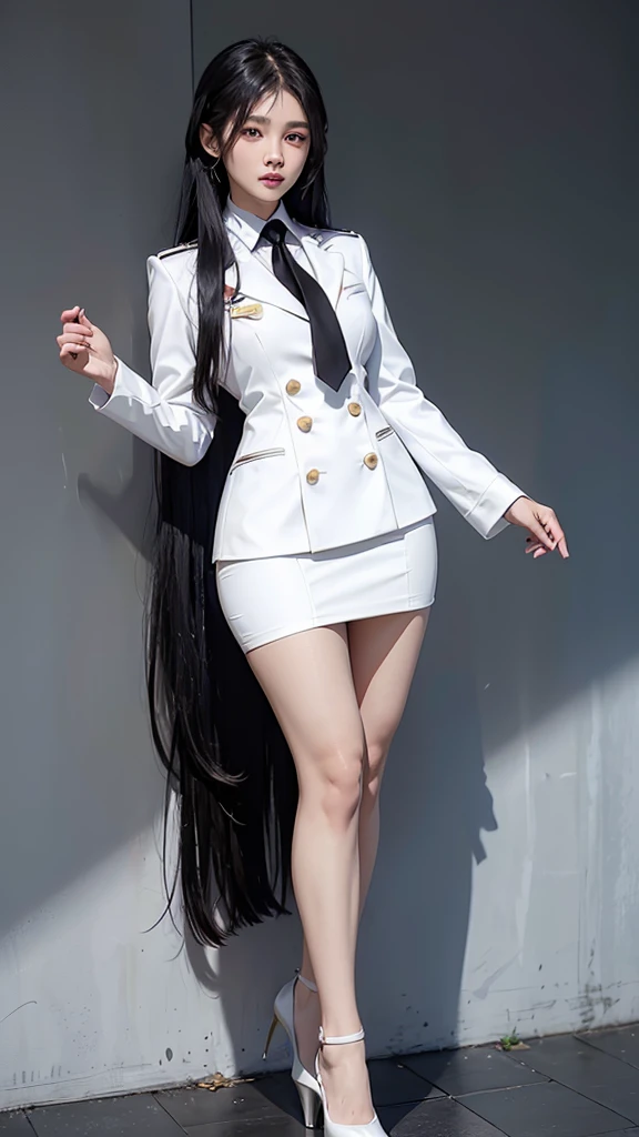สาวสวยTwo meter long hair, long black hair, ชุดสูทผู้หญิงwhite, (wearing a women's suit, Business woman's suit, white), (ชุดสูทผู้หญิงwhite), (เสื้อเชิ้ตwhite), (Thai women's short black necktie), (Military rank insignia), (short pencil skirtwhite), tight, (dynamic post), full body, (Huge breasts, thin body, small waist, hips raised, small thighs, Long legs), A gigantic rift, black high heels, (short pencil skirt, white), (Wearing a white business suit, สูทนักธุรกิจหญิงwhite), tight, military regalia, เสื้อwhite, กระโปรงwhite, Two suit buttons, Two meter long hair, Form-fitting suit