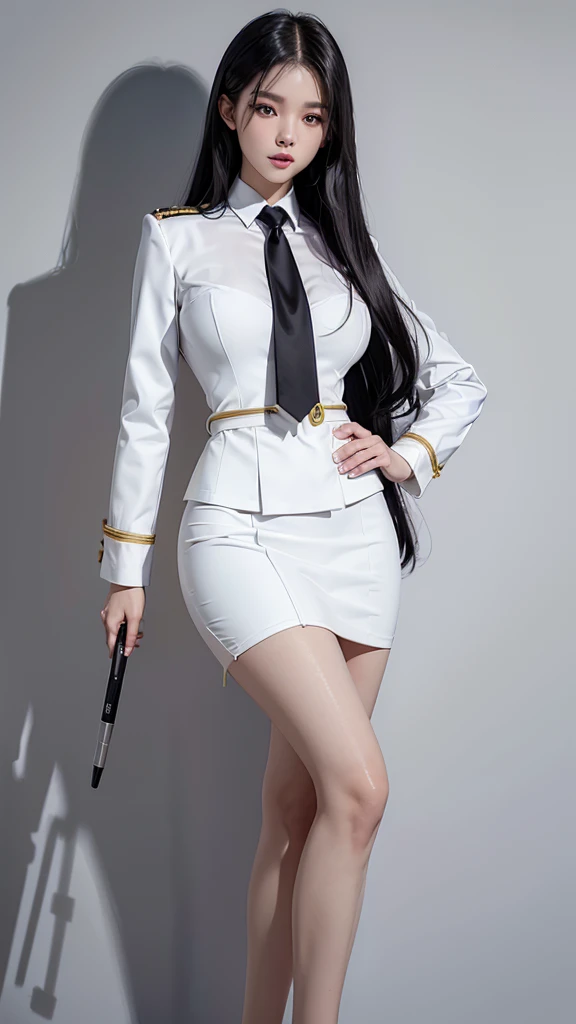 สาวสวยTwo meter long hair, long black hair, ชุดสูทผู้หญิงwhite, (wearing a women&#39;s suit, Business woman&#39;s suit, white), (ชุดสูทผู้หญิงwhite), (เสื้อเชิ้ตwhite), (Thai women&#39;s short black necktie), (Military rank insignia), (short pencil skirtwhite), tight, (dynamic post), full body, (Huge breasts, thin body, small waist, hips raised, small thighs, Long legs), A gigantic rift, black high heels, (short pencil skirt, white), (Wearing a white business suit, สูทนักธุรกิจหญิงwhite), tight, military regalia, เสื้อwhite, กระโปรงwhite, Two suit buttons, Two meter long hair, Form-fitting suit
