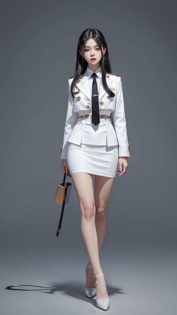 สาวสวยTwo meter long hair, long black hair, ชุดสูทผู้หญิงwhite, (wearing a women&#39;s suit, Business woman&#39;s suit, white), (ชุดสูทผู้หญิงwhite), (เสื้อเชิ้ตwhite), (Thai women&#39;s short black necktie), (Military rank insignia), (short pencil skirtwhite), tight, (dynamic post), full body, (Huge breasts, thin body, small waist, hips raised, small thighs, Long legs), A gigantic rift, black high heels, (short pencil skirt, white), (Wearing a white business suit, สูทนักธุรกิจหญิงwhite), tight, military regalia, เสื้อwhite, กระโปรงwhite, Two suit buttons, Two meter long hair, Form-fitting suit