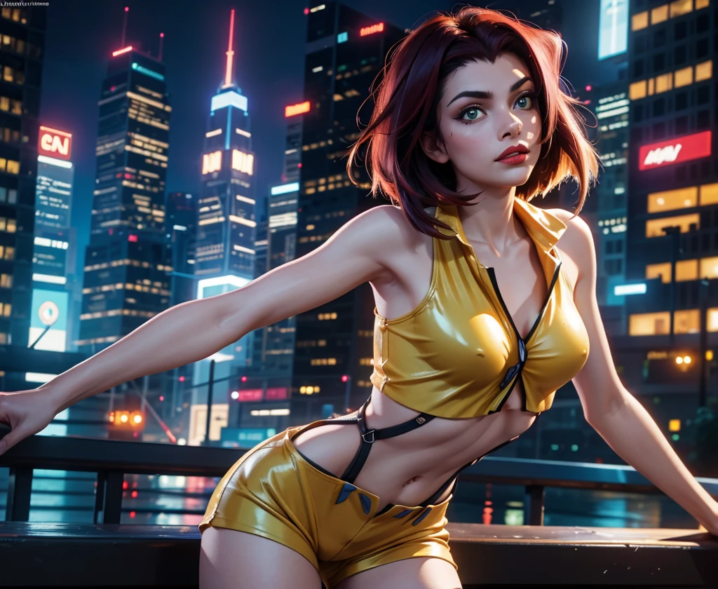 (best quality,4k,8k,highres,masterpiece:1.2),ultra-detailed,(realistic,photorealistic,photo-realistic:1.37),faye valentine from cowboy bebop, 1girl, full body picture, long red hair, bright green eyes, beautiful detailed lips, stylish and edgy appearance, confident and mysterious expression, slim figure, wearing a yellow cropped top and blue shorts, standing in a dynamic pose, holding a futuristic red pistol, surrounded by vibrant city lights and skyscrapers, nighttime urban setting, with a slight fog in the air, capturing the essence of a futuristic noir atmosphere, anime style, vibrant and saturated colors, warm color temperature, stylish and dramatic lighting, casting long shadows on the ground, highlighting Faye's features and creating depth in the scene.