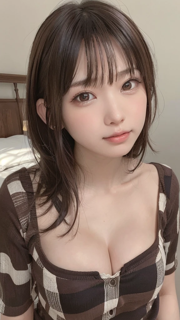 (8K、RAW photo、highest quality、masterpiece:1.2)、(realistic、Photoreal:1.37)、brown hair、Photographed from the front、A 21-year-old woman with brown hair and eyes looking up、solo、delicate face、long eyelashes、(brown eyes:1.3)、Tartan、Bedroom、angle from above、underwear、Sweat、A slightly red and excited face、open your mouth wide、