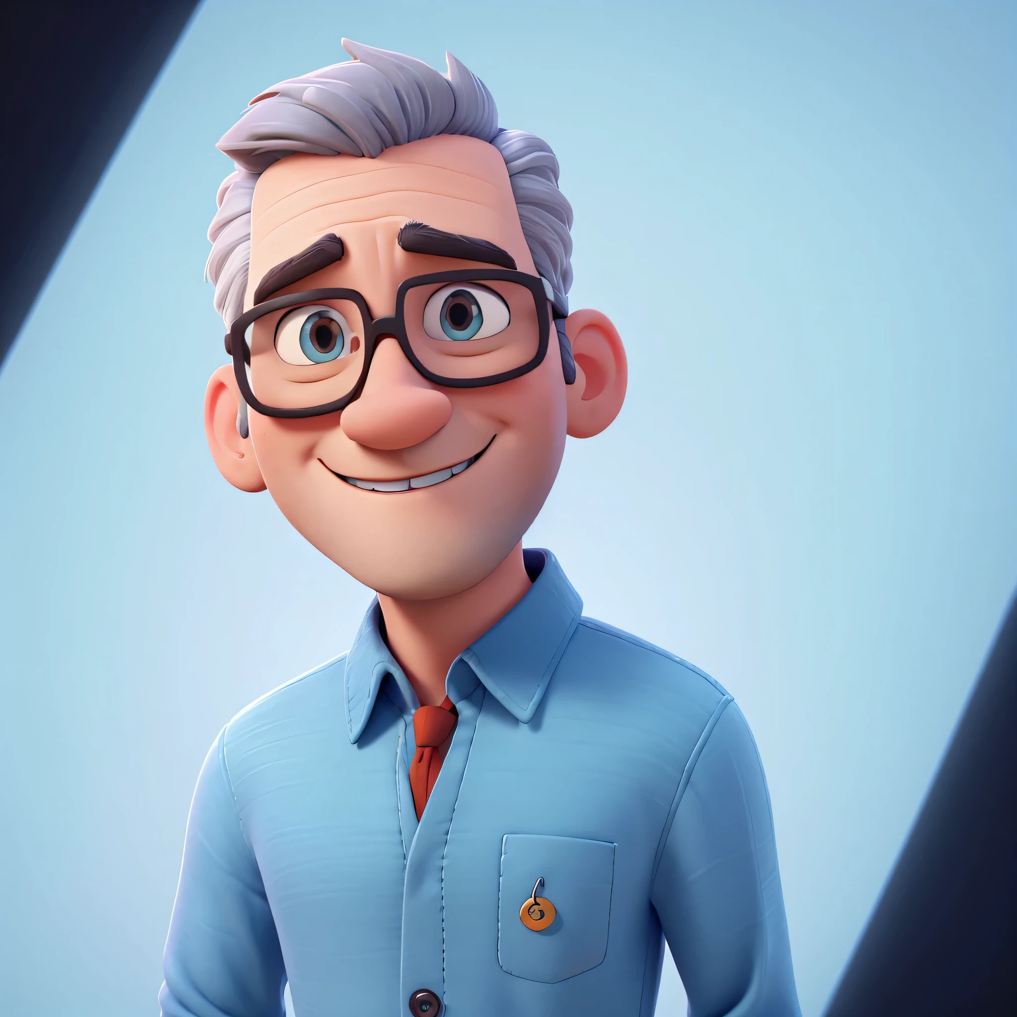 Cartoon character of a man with glasses in black frame and light blue pastel shirt, smile on face, gray hair, badge lanyard in red color, animation character, Stylized character, animation style rendering, stylized 3D , Stylized 3D Rendering, toon rendering screenshot, 3D Character, 3D Character, Stylized 3D Rendering, 3D Character Rendering, cartoon character, Close up Character, Character Pose, (Pixar Style) (master part: 1.2) (Bokeh) (Best quality) (detailed skin) (detailed texture) (8k) (clay) (cinematic lighting) (sharp focus)