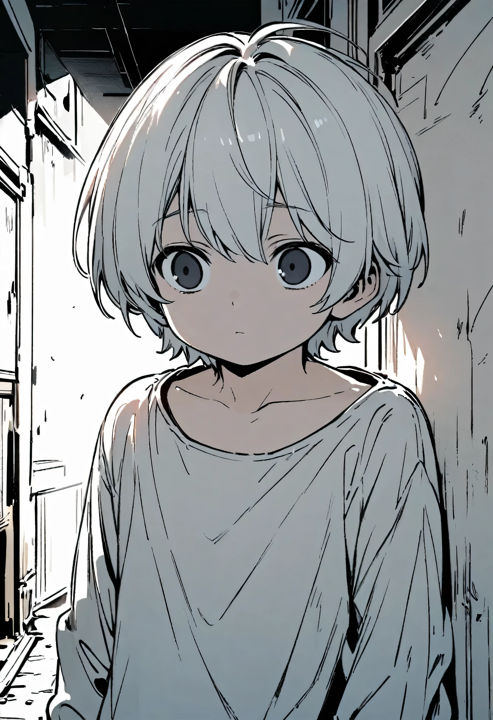 Manga, Line Art, boy, 4 , white hair, short hair, black eyes, blank look, innocent, slightly dark scenery.