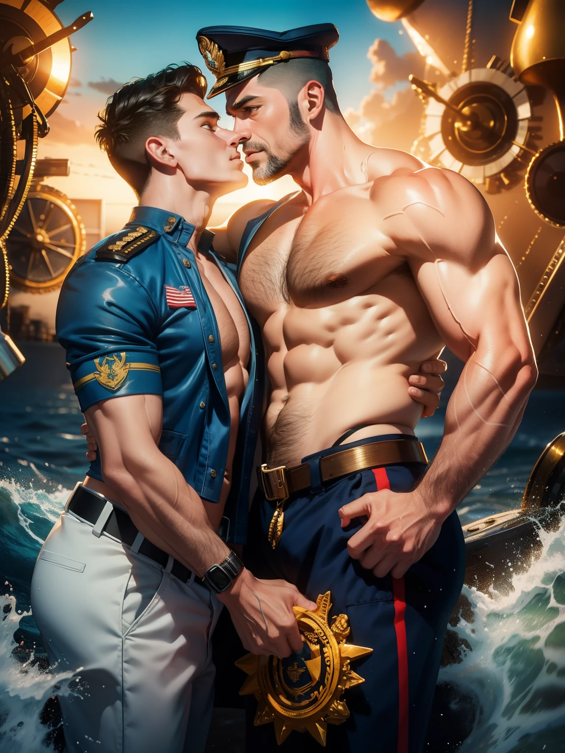 Two middle-aged men in underwear were kissing.,A manly man, wearing a Naval officer uniform, posing confidently on a ship, surrounded by the vast ocean. The composition is shot by the renowned photographer Bruce Weber. The man has a slight smirk on his face, exuding self-assurance and authority. The uniform signifies his affiliation with the US Navy, emphasizing power and discipline. In the background, the open ocean stretches out as far as the eye can see, creating a sense of adventure and freedom. The image is of the highest quality, with a resolution of 4k or 8k, capturing every detail with precision. The lighting is carefully set to highlight the man's features and enhance the overall atmosphere. The color palette is rich and vibrant, bringing life to the scene. The prompt aims to evoke the essence of a naval officer, combining strength, determination, and a hint of mystery.