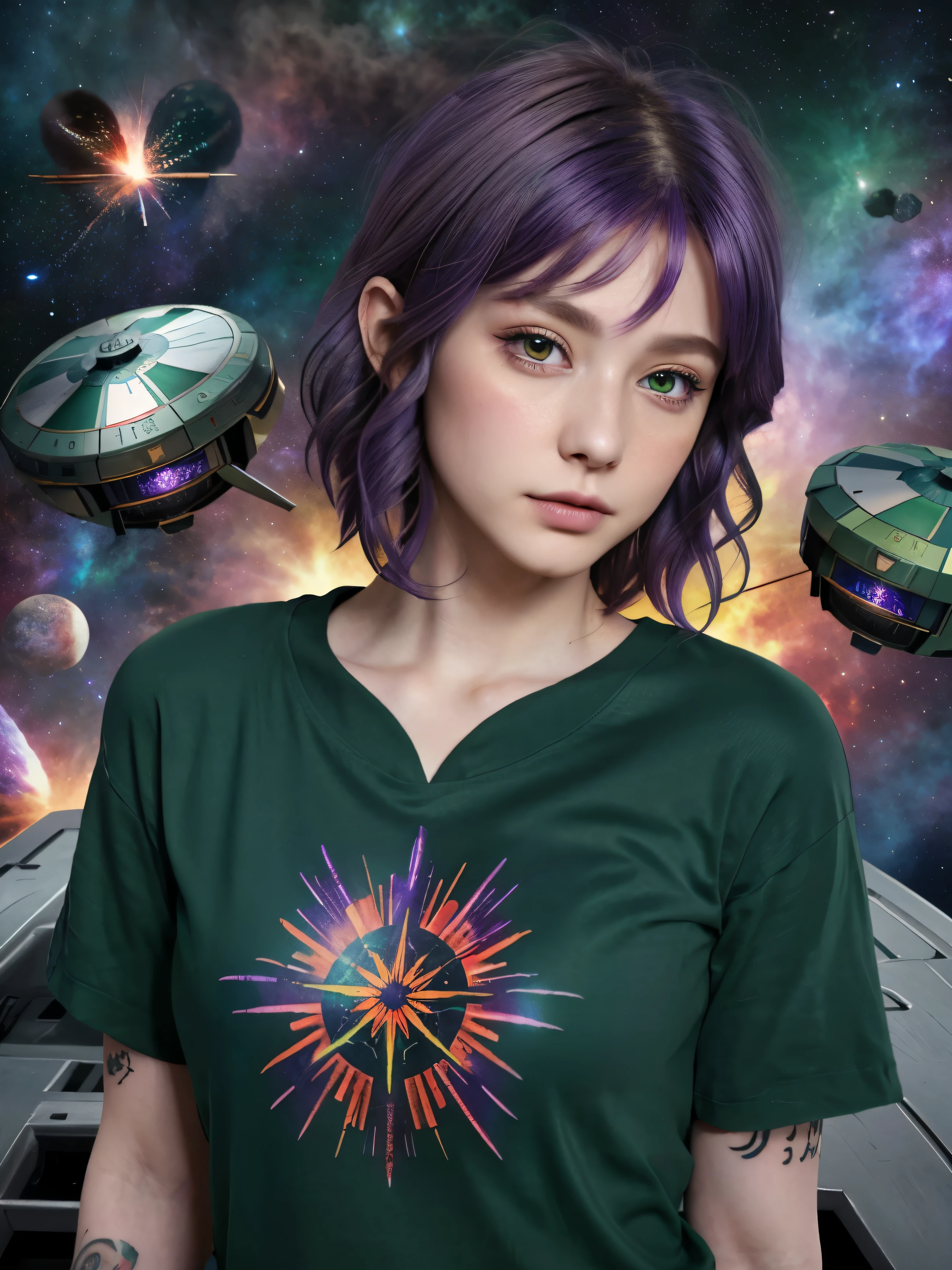 (8k), (highest quality), (best details)purple hair、green eyes、RussetTshirt、FULL BODY TATTOO、tattoo、very short hair、Beautiful French woman、supernova explosion、Space、Starburst、Millennium Falcon