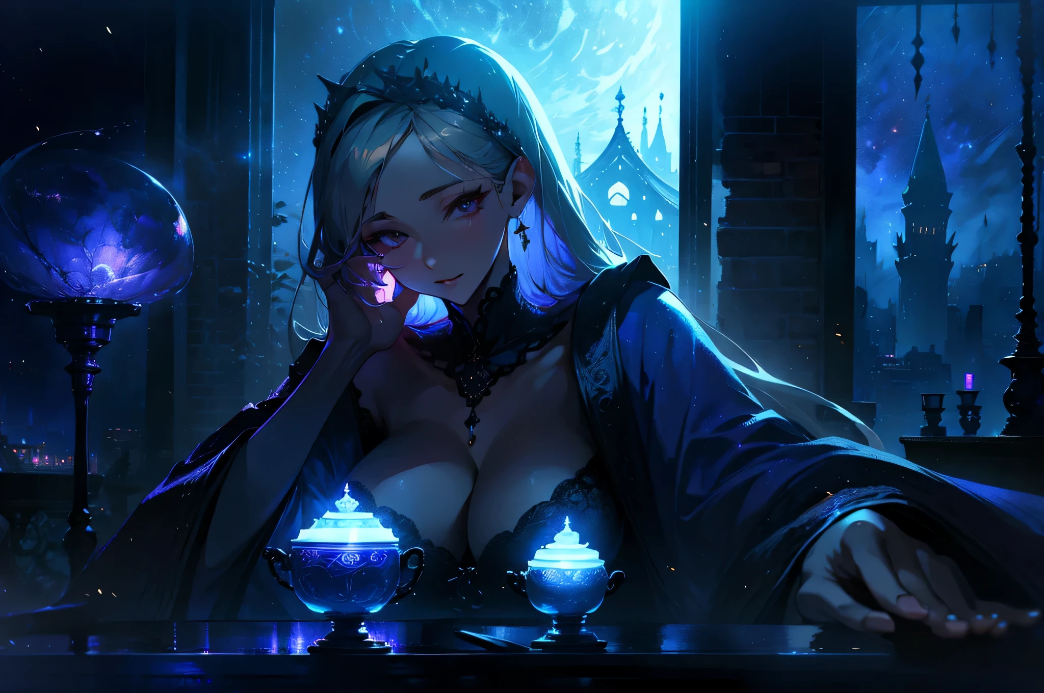 A woman in a bathrobe is lying on the bed、The large window behind offers a beautiful night view.、big breasts、sexy、dimly lit room、moonlight、exposed、Downlight、On your back、silver hair、There is a teacup on the table、There is a brick fireplace
