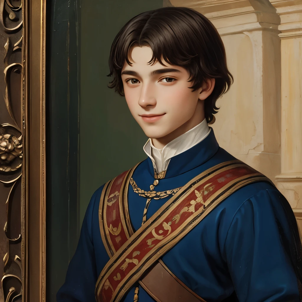 15th century oil painting, teenage wallachian prince, smiling teenage