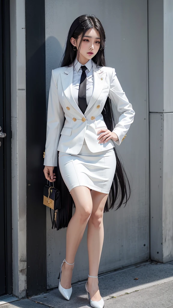 Highest quality, Masterpiece, 8D, Ultra high resolution, (reality:1.4), Two girls have come in., beautiful expression, decorated with royal accessories, military rank, symmetrical eyes, big, body proportionsที่สมบูรณ์แบบ, airline stewardess, ชุดสูทwhite, Short pencil skirt, high-heelsสีดำ, rift, ขนาดbig, look at the audience, (ที่ลานgardenสาธารณะ:1.2), Long legs(1.3), smile, body proportions, สวมเครื่องหมายmilitary rank, Colonel rank, Monument backdrop, royal ceremony, business woman, beautiful woman, Wear a suit and tie, short skirt suit, business suitwhite, กระโปรงดินสอสั้นwhite, business suitรัดรูป, All white outfit, Emphasize the curves of the body, (สาวสวยTwo meter long hair, my hair is very long., extra long hair, long black hair), business suit, (Italian style suit, two button suit), (Italian suit, white สูท, Set of two buttons), (wearing a women&#39;s suit, Business Women Suit, white), (สูทผู้หญิงwhite), (เสื้อเชิ้ตwhite), necktie, (necktieสั้นสีดำ, necktieสีดำ, necktieผอม, ถักnecktie), (เครื่องหมายmilitary rank), (Short pencil skirtwhite), (Dynamic posts), full body, (riftขนาดมหึมา), (หน้าอกbig, thin body, small waist, hips raised, small thighs, Long legs), high-heelsสีดำ, (Short pencil skirt, white), Wearing a suit for a business woman, (Wearing a white businesสูท, business suitหญิงwhite), (tight, military regalia, เสื้อwhite, กระโปรงwhite), Long legs, (black shoes), (Two gold สูท buttons, Two meter long hair, Form fitting suit, เสื้อสูทwhiteทรงธรรมดารัดรูป), (black shoes, high-heels), (stand, walk, elegant gesture, Dynamic posts), short dress, earring, garden, Modeling, ภาพfull body, เหมือนfull body