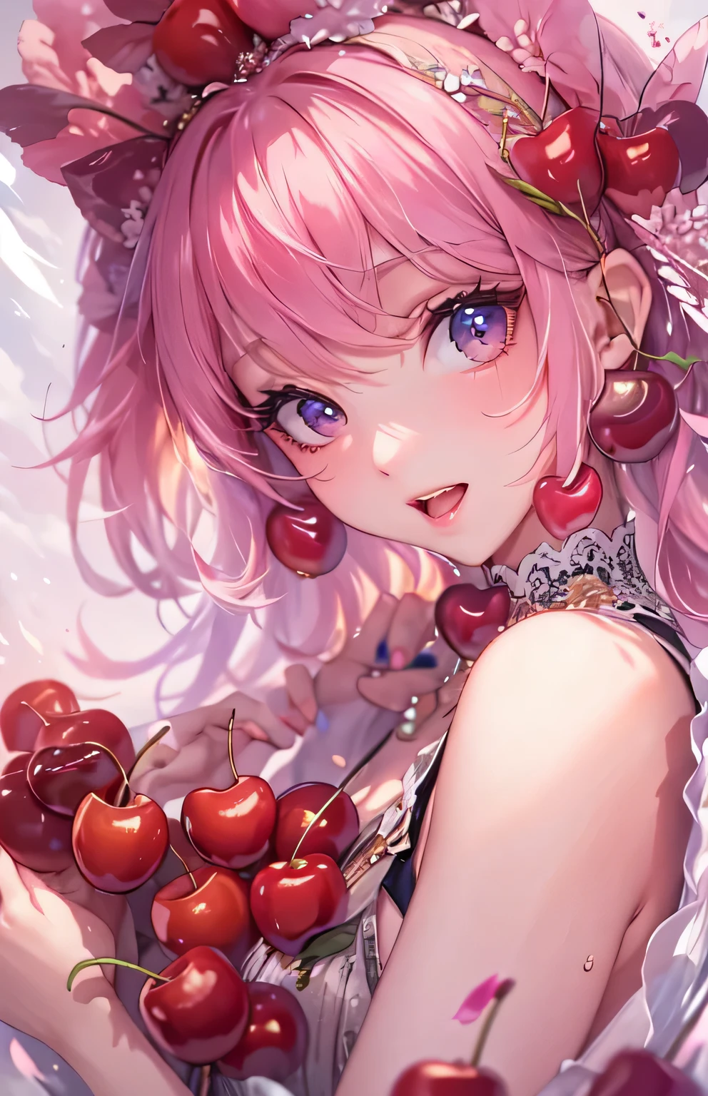 ((highest quality)), ((masterpiece)), (get used to it), perfect face , beautiful girl , Cherries ,