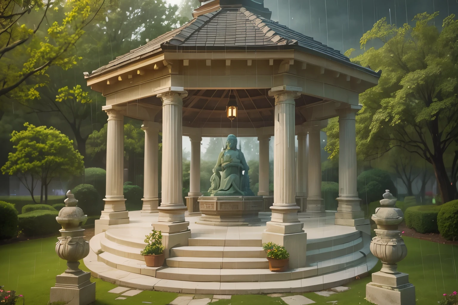 an outdoor cozy gazebo at a rainy cloudy day, two roman pillars with candle, a shiva statue in the center (do it detailed) in a cozy rainy day ( do it better, more detailed objects)