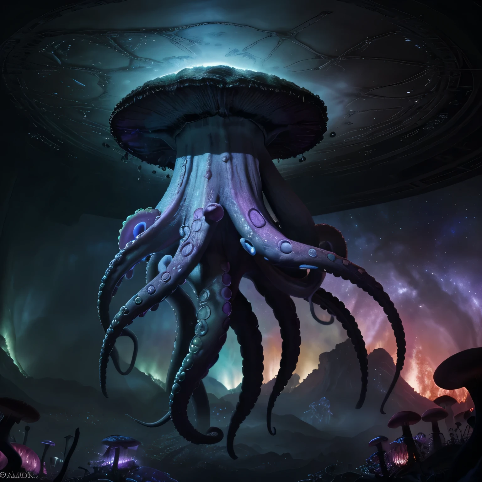 Cosmic majestic octopus realist, masterpiece, 8k, cosmic void, terror, genesis, apocalypse, armagedon, full art, magical, dark fantasy, number 8, unique, mushroom, the last of us, clacker, luciole