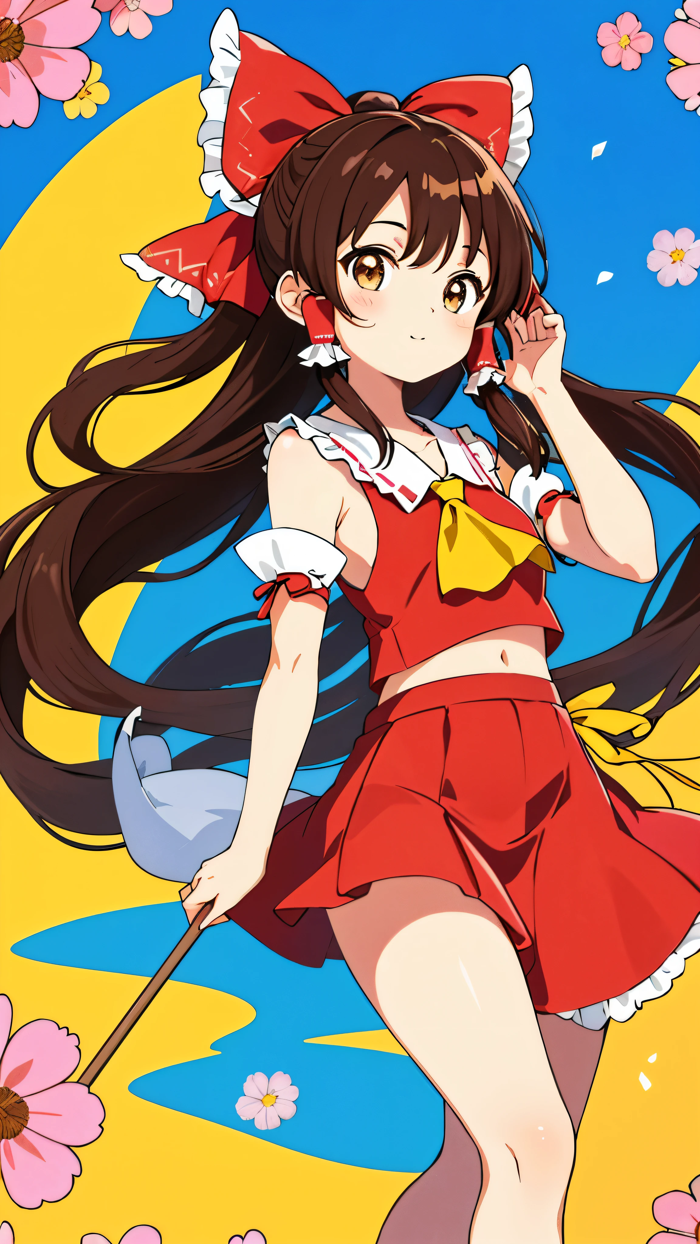 masterpiece, highest quality, SFW, colorful, one girl, solo, Hakurei Reimu, brown hair waved gently in the breeze, brown eyes sparkling with life, long flowing hair tied up with hair tubes, figure with small breasts, abstract background, blue background reflecting serene waters, pink background filled with blooming flowers, yellow background radiating warmth, polka dot background adding a playful touch, (halftone adding a retro, textured effect)