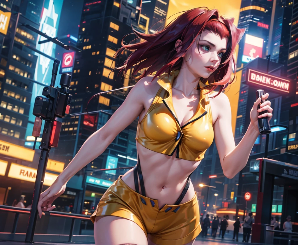 (best quality,4k,8k,highres,masterpiece:1.2),ultra-detailed,(realistic,photorealistic,photo-realistic:1.37),faye valentine from cowboy bebop, 1girl, full body picture, long red hair, bright green eyes, beautiful detailed lips, stylish and edgy appearance, confident and mysterious expression, slim figure, wearing a yellow cropped top and blue shorts, standing in a dynamic pose, holding a futuristic red pistol, surrounded by vibrant city lights and skyscrapers, nighttime urban setting, with a slight fog in the air, capturing the essence of a futuristic noir atmosphere, anime style, vibrant and saturated colors, warm color temperature, stylish and dramatic lighting, casting long shadows on the ground, highlighting Faye's features and creating depth in the scene.