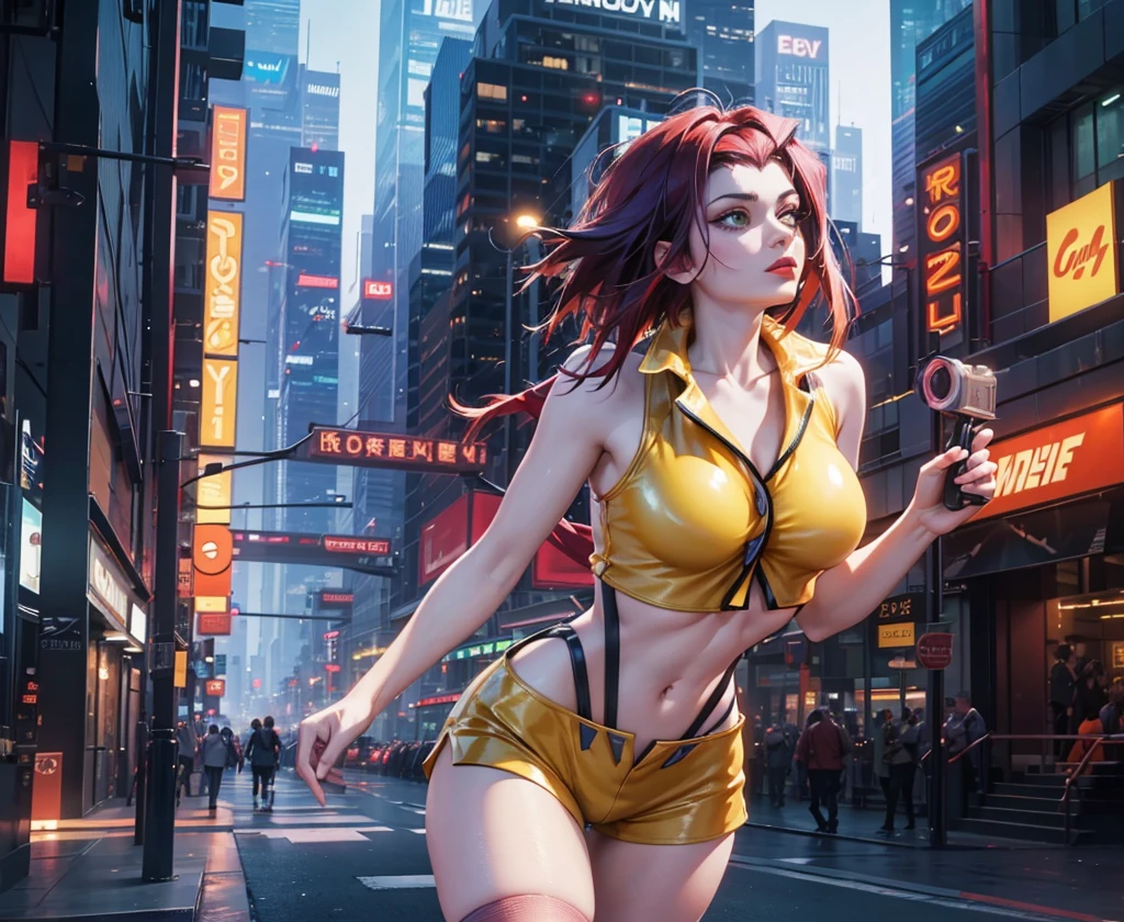 (best quality,4k,8k,highres,masterpiece:1.2),ultra-detailed,(realistic,photorealistic,photo-realistic:1.37),faye valentine from cowboy bebop, 1girl, full body picture, long red hair, bright green eyes, beautiful detailed lips, stylish and edgy appearance, confident and mysterious expression, slim figure, wearing a yellow cropped top and blue shorts, standing in a dynamic pose, holding a futuristic red pistol, surrounded by vibrant city lights and skyscrapers, nighttime urban setting, with a slight fog in the air, capturing the essence of a futuristic noir atmosphere, anime style, vibrant and saturated colors, warm color temperature, stylish and dramatic lighting, casting long shadows on the ground, highlighting Faye's features and creating depth in the scene.