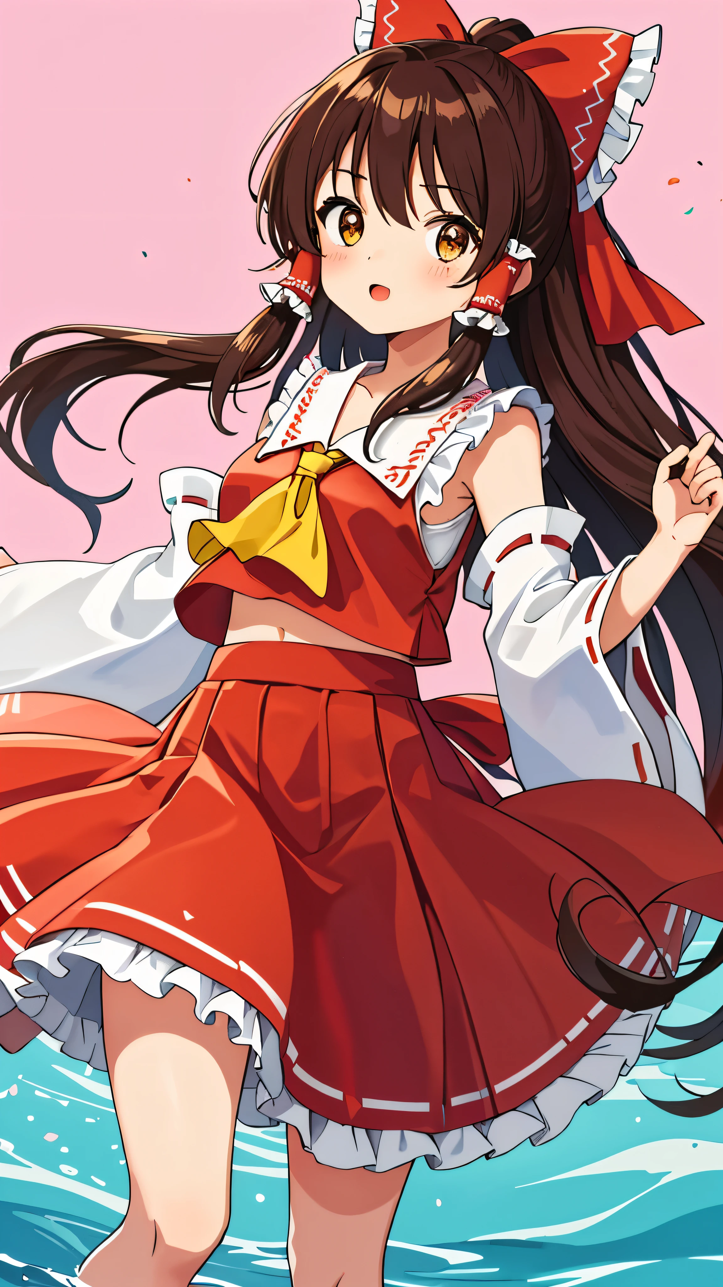 masterpiece, highest quality, SFW, colorful, one girl, solo, Hakurei Reimu, brown hair waved gently in the breeze, brown eyes sparkling with life, long flowing hair tied up with hair tubes,  figure with small breasts, abstract background, blue background reflecting serene waters, pink background filled with blooming flowers, yellow background radiating warmth, polka dot background adding a playful touch, (halftone adding a retro, textured effect)