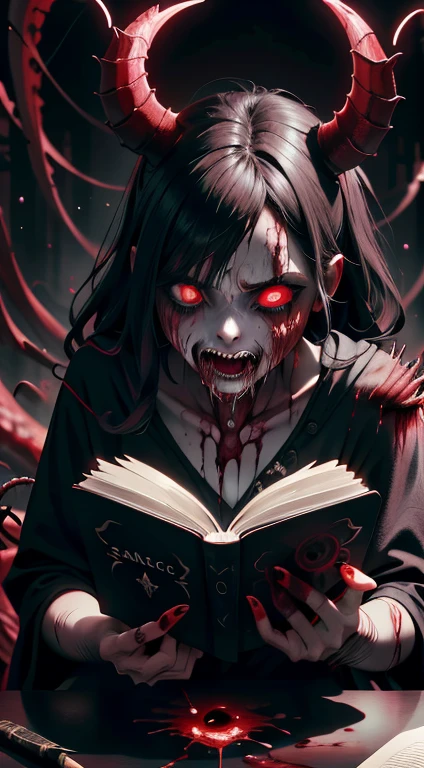 1 girl signing a pact with the devil in a book with a dark entity in despair, expression on the face of despair Carnage Style, oil skin, sangrento, dentes afiados, magia de sangue e sangue magico, energia fantasia melhor qualidade, 8k, obra de arte, detalhes particulas magia de sangue