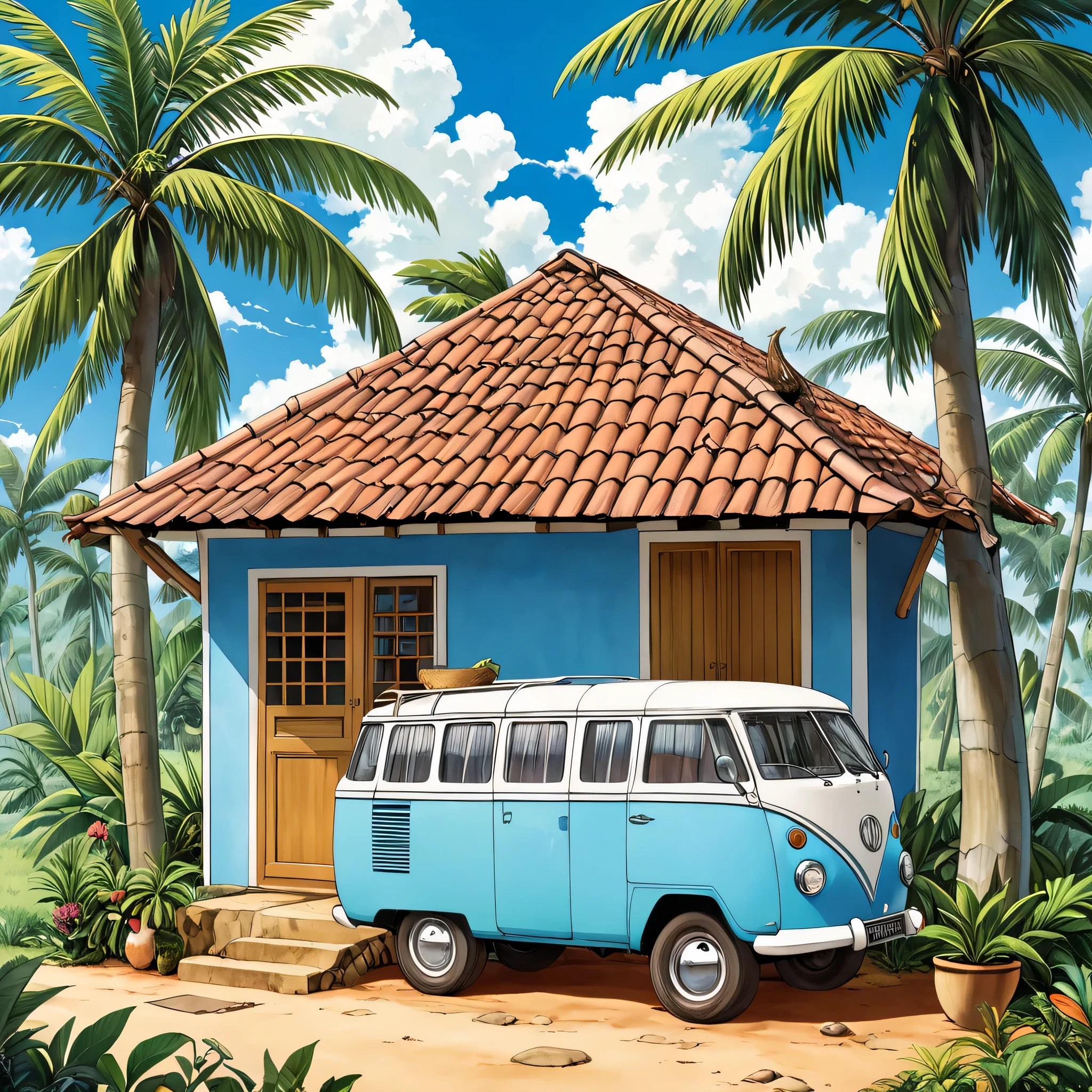 Create an image of A small house in northeastern Brazil with a style characteristic of the region, paredes com uma cor vibrante, em tons de azul . The clay tile roof is sloped to cope with the region's frequent rains , varanda ampla com uma rede pendurada para relaxar Ao redor da casa, a fruit tree such as mango and coconut trees could be found, e o terreno poderia ter um jardim simples com plantas tropicais, uma Kombi velha estacionada,arte de qualidade,estilo anime Akira toriyama , detalhado, imagem na horizontal
