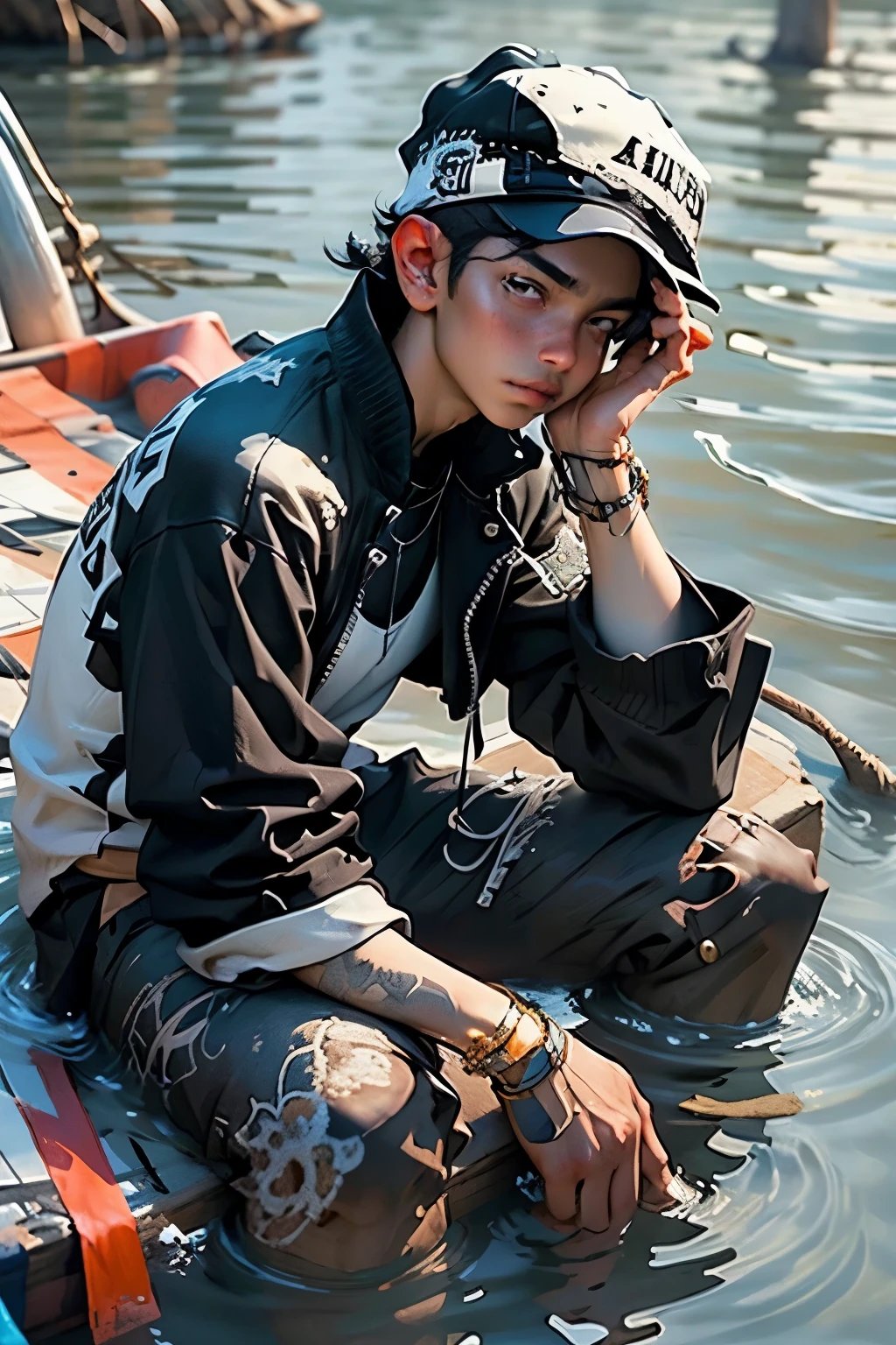 3d art of an arafed boy sitting on a boat in the middle of the ocean, candid picture, inspired by Bikash Bhattacharjee, ranjit ghosh, mohamed chahin style, inspired by Odhise Paskali, assamese aesthetic, in lake, inspired by Sudip Roy, wearing in shirt, inspired by Sunil Das, mohamed chahin wears black jacket and white cap