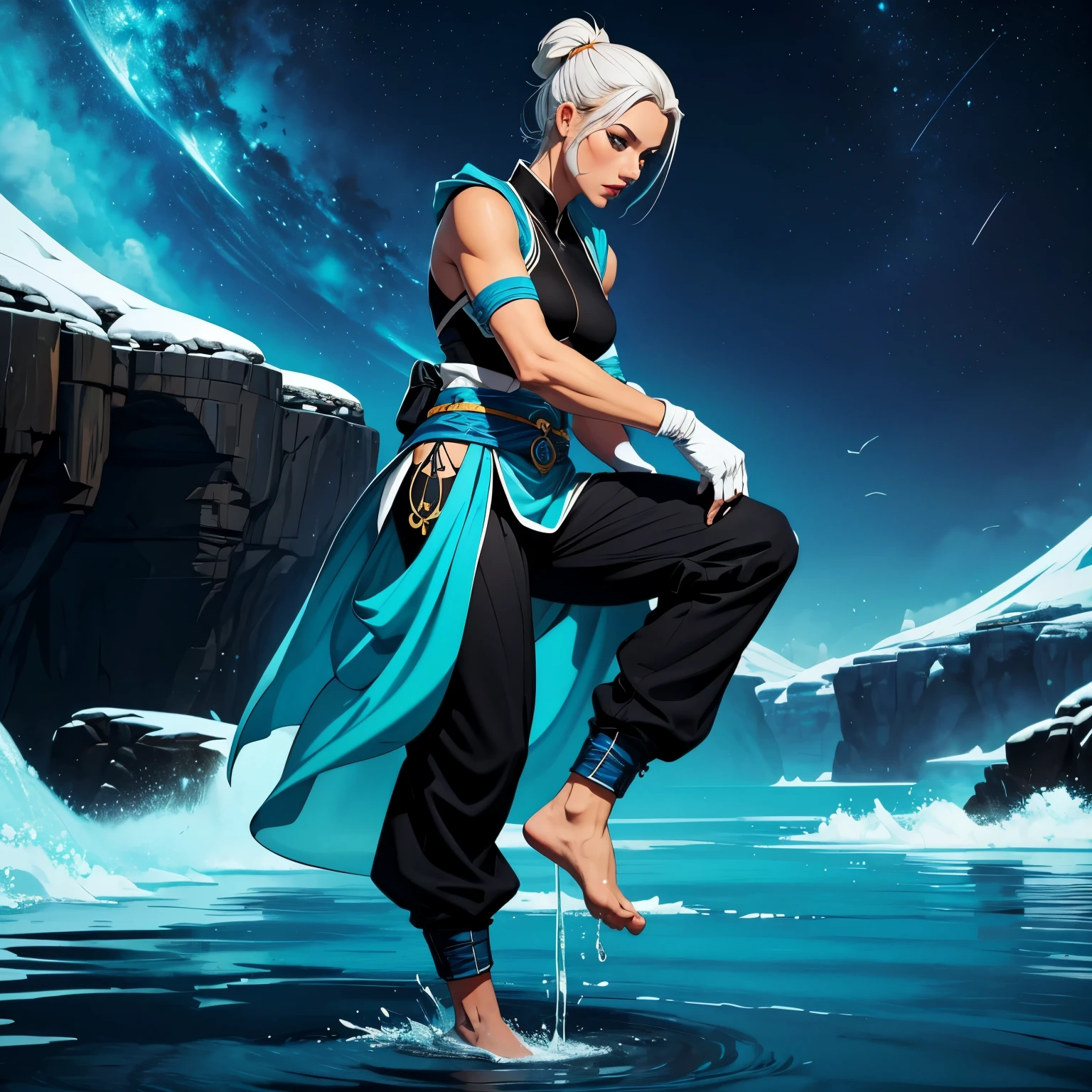 The costume consists of white cargo pants, com detalhes em preto e azul claro. The pants are loose and comfortable, permitindo liberdade de movimento.
The body is oriental style, com um decote que deixa os ombros nus. The upper part is predominantly white, com detalhes em preto e azul claro, criando um visual elegante e poderoso.
Gloves are fingerless, also in white, preto e azul claro, permitindo destreza e controle.
Uma cotoveleira longa e protetora, em azul claro, covers your arms, offering additional protection.
The costume is completed without shoes, allowing a more direct connection with the elements of nature.
The set conveys an image of strength, elegance and mastery of the four elements - air, terra, fire and water - through the strategic use of colors and minimalist design, but impactful.