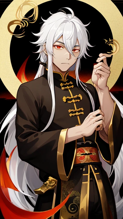 Taoist, qigong, golden-black aura, male, evil looking, taoist clothing, white hair, golden-black hair-locks, chinese